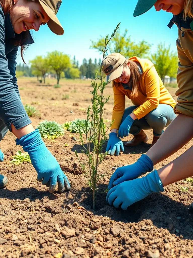 A photograph featuring members of AMICALE DES CHASSEURS DE LA MIRANDE working with local farmers to implement sustainable land management practices. The image should highlight the organization's commitment to fostering collaboration and promoting biodiversity.