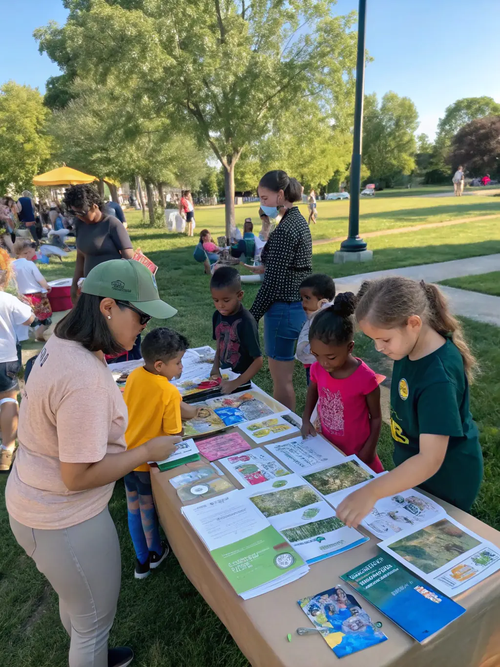 A photograph showcasing a community outreach event organized by AMICALE DES CHASSEURS DE LA MIRANDE, featuring educational displays, interactive activities, and opportunities for local residents to learn about wildlife conservation.