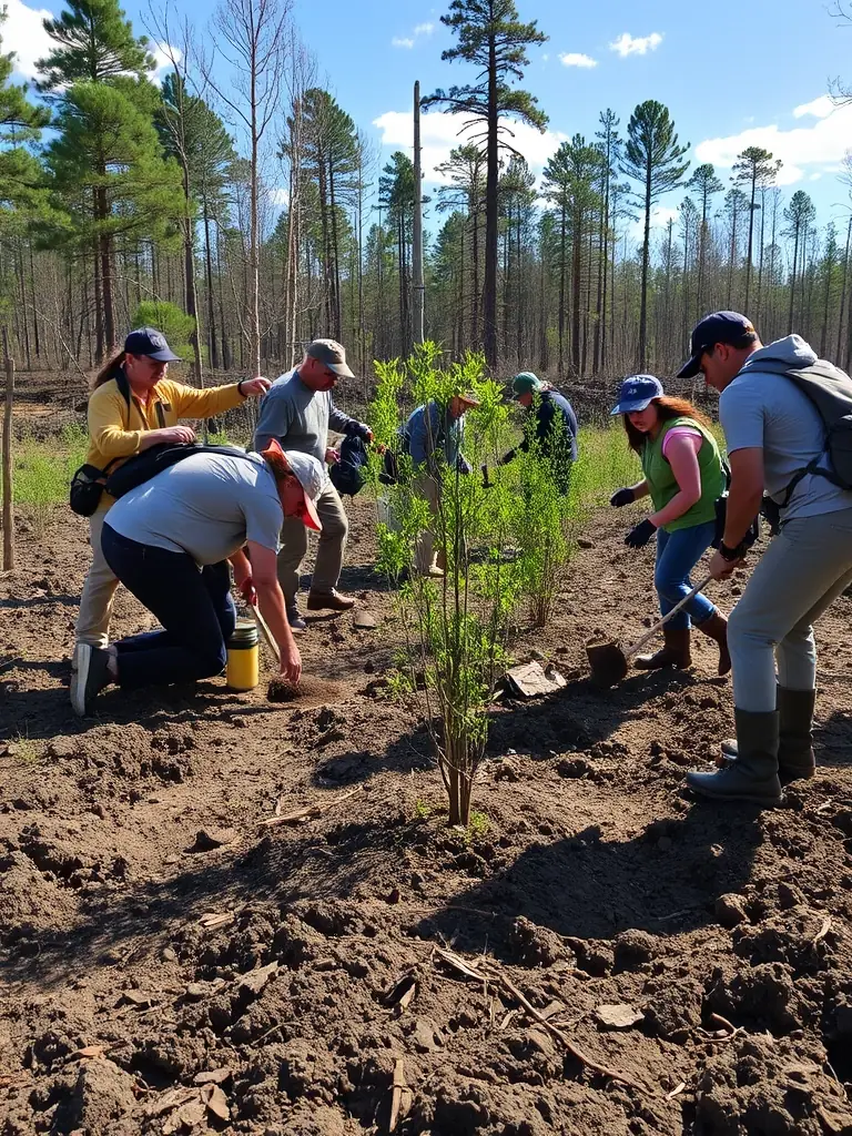 A photograph depicting members of AMICALE DES CHASSEURS DE LA MIRANDE participating in a wildlife conservation project, planting trees in a deforested area. The image should convey a sense of environmental stewardship and community involvement.