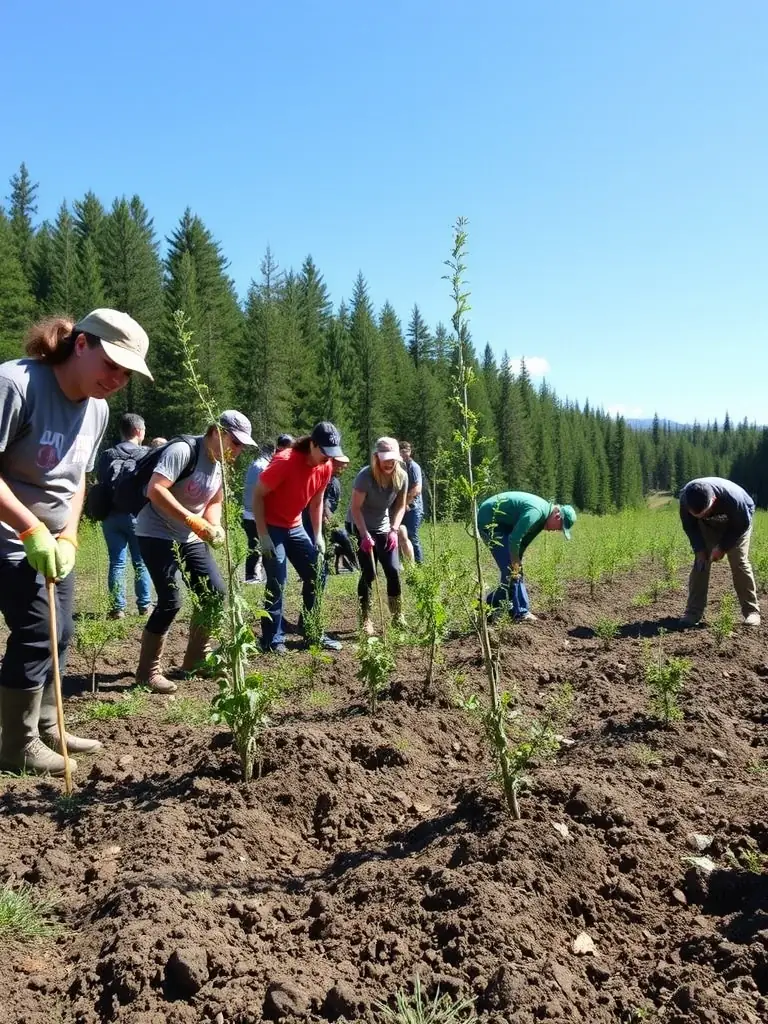 A photograph depicting members of AMICALE DES CHASSEURS DE LA MIRANDE participating in a wildlife habitat restoration project, planting native trees and shrubs in a designated area.