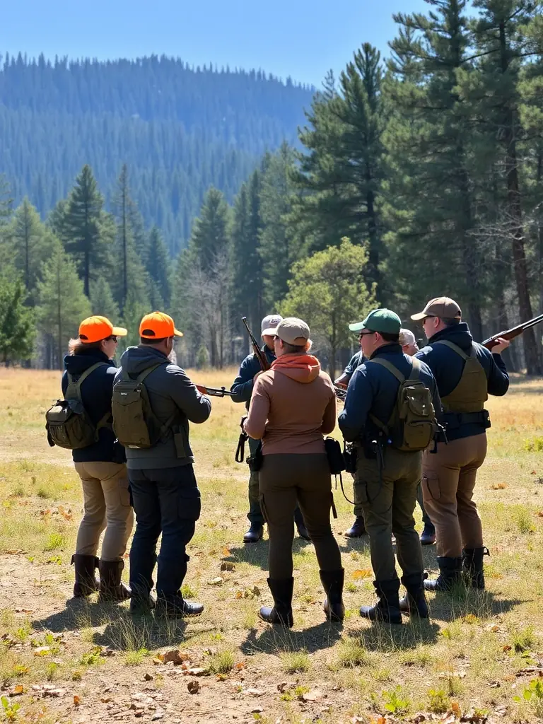 A photograph showcasing a group of hunters attending a safety training session organized by AMICALE DES CHASSEURS DE LA MIRANDE. The image should emphasize the importance of responsible hunting practices and ethical conduct.