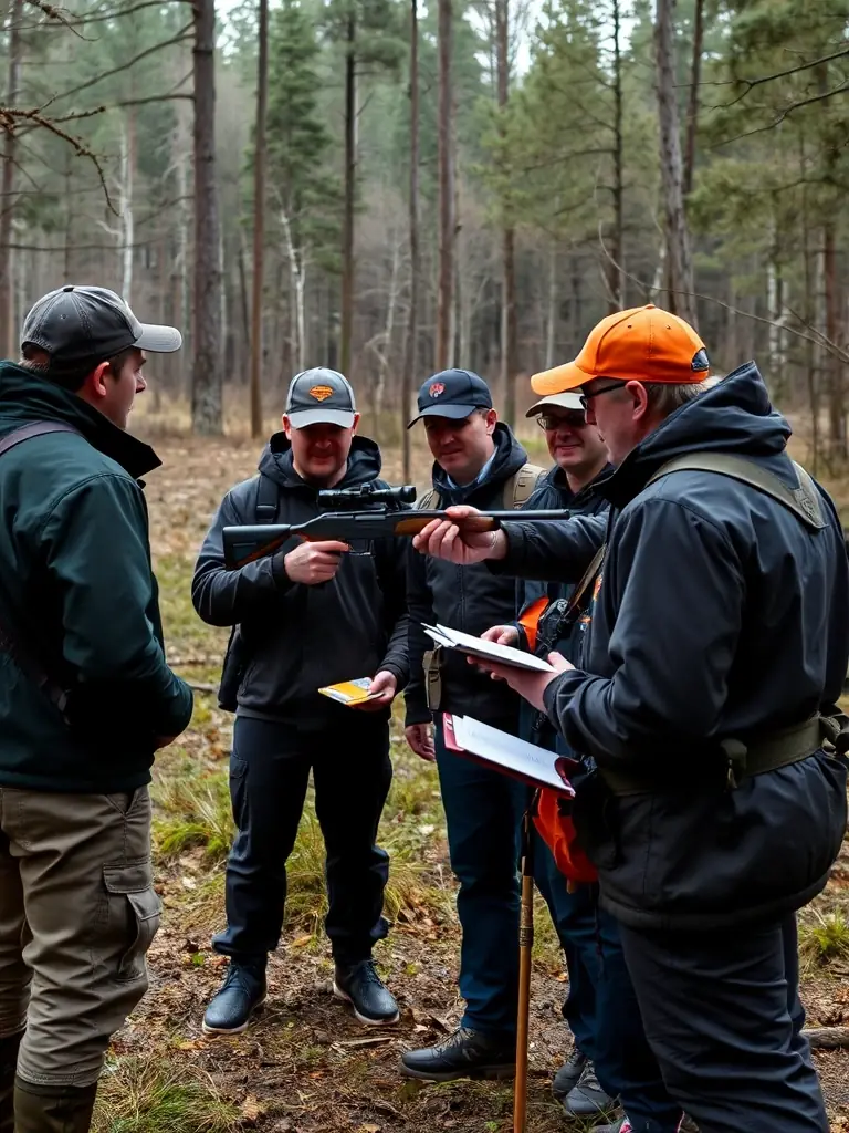 A photograph showing a group of young hunters participating in a safety training course, learning about firearm handling and ethical hunting practices from experienced instructors.