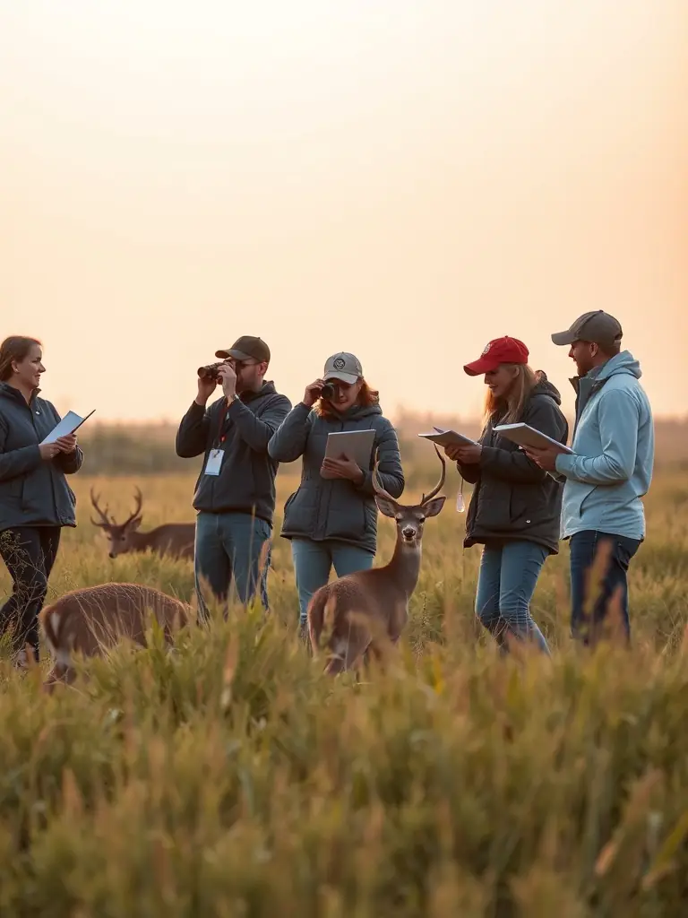 A high-quality photograph depicting members of AMICALE DES CHASSEURS DE LA MIRANDE participating in a wildlife census in a local forest, focusing on counting deer and other game animals.