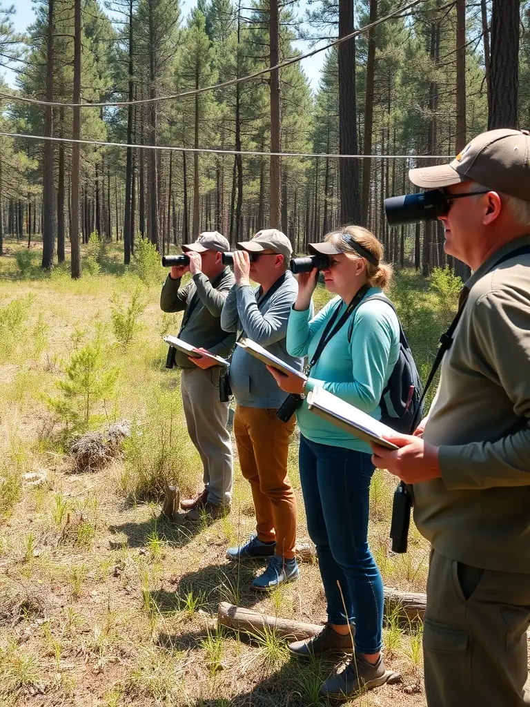 A photograph capturing members of the organization conducting a wildlife survey, using binoculars and tracking equipment to monitor animal populations and assess habitat conditions.