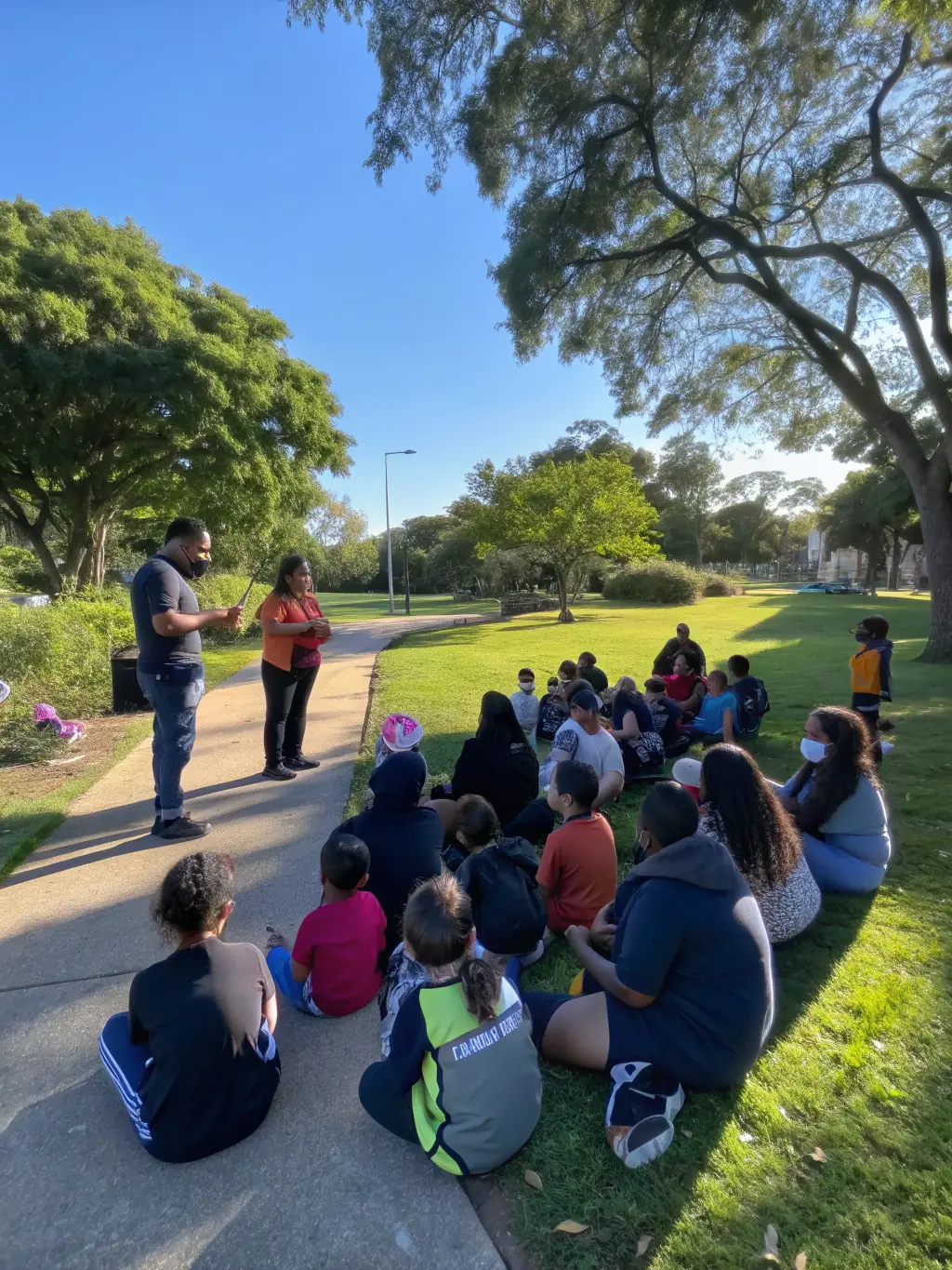 A photograph showing AMICALE DES CHASSEURS DE LA MIRANDE members participating in a community outreach event, educating the public about the importance of wildlife conservation and responsible hunting. The image should convey a sense of community engagement and public awareness.