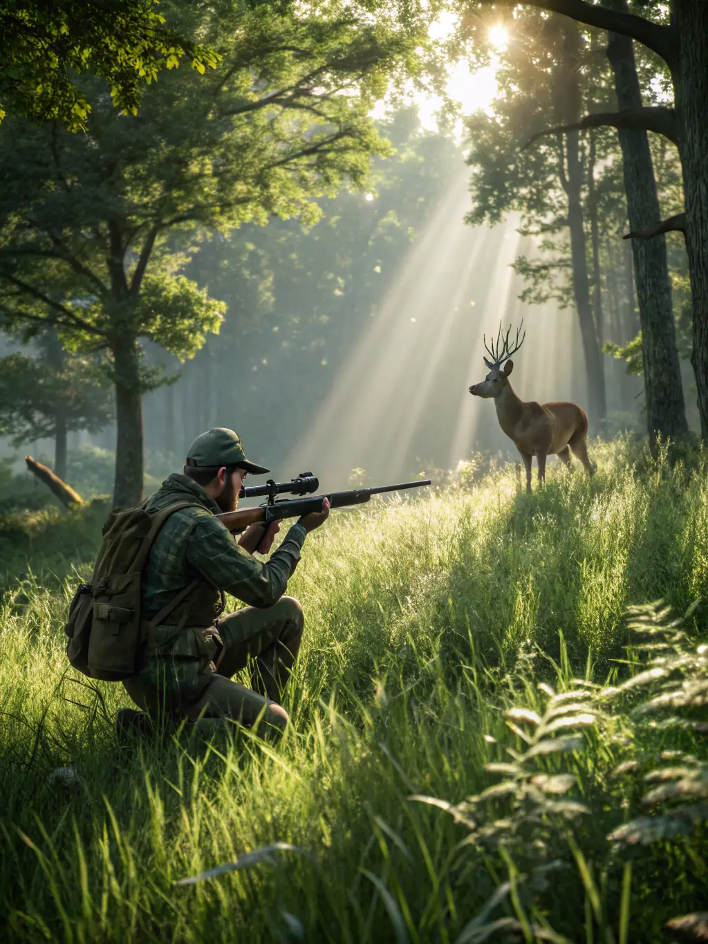 A close-up photograph of a hunter carefully observing a deer in its natural habitat, emphasizing the respect for wildlife and the importance of ethical hunting practices.