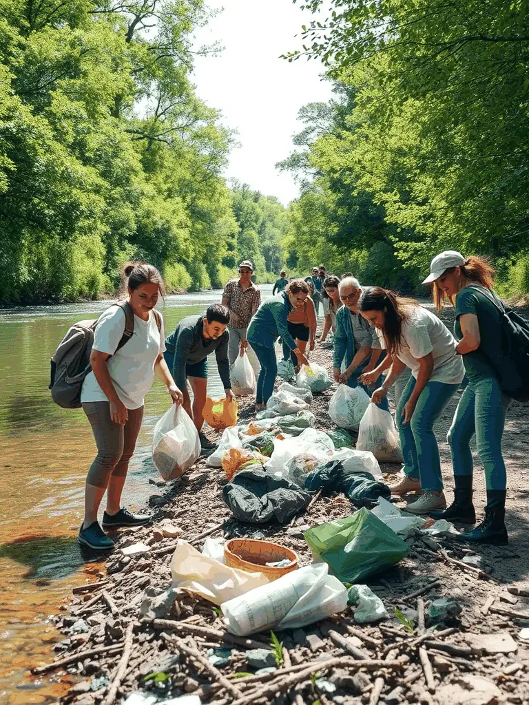 A photograph showcasing members of AMICALE DES CHASSEURS DE LA MIRANDE cleaning up a local riverbank, removing litter and debris to improve water quality and habitat for aquatic life.