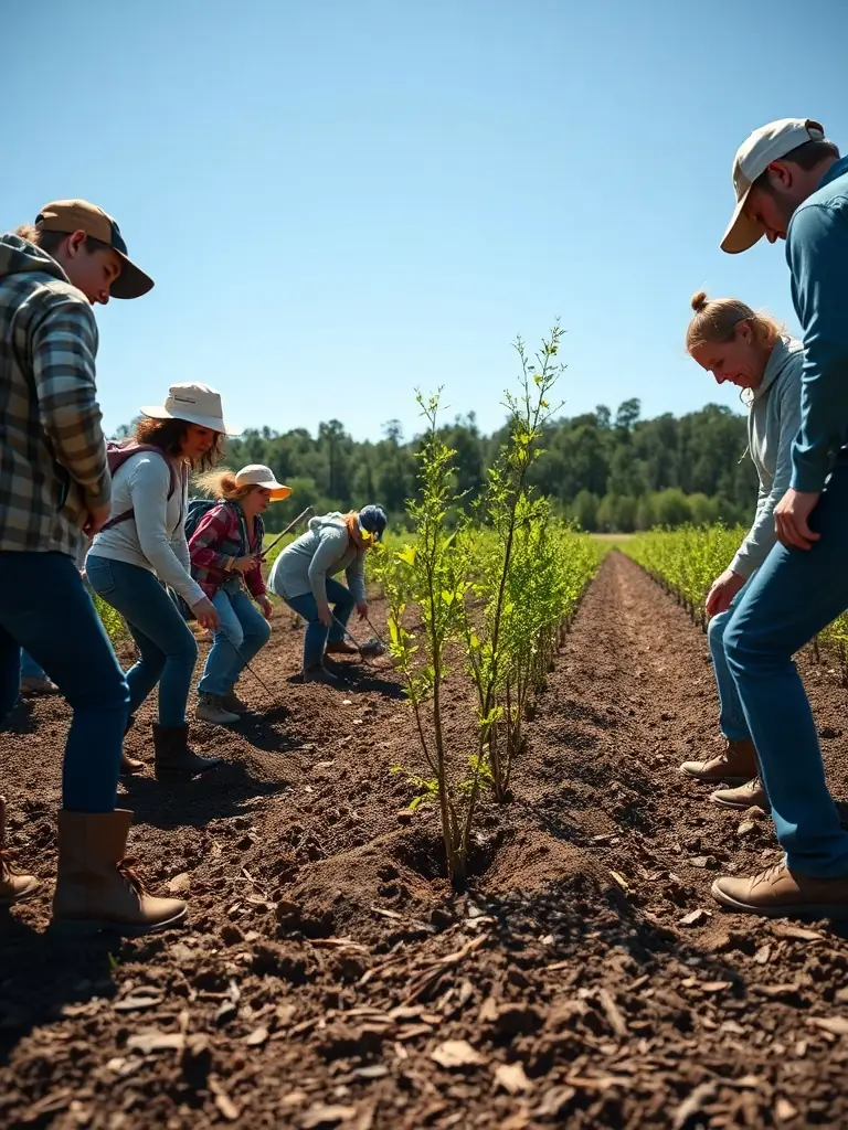 A photograph showing volunteers from AMICALE DES CHASSEURS DE LA MIRANDE planting native trees and shrubs in a deforested area, as part of a habitat restoration project.