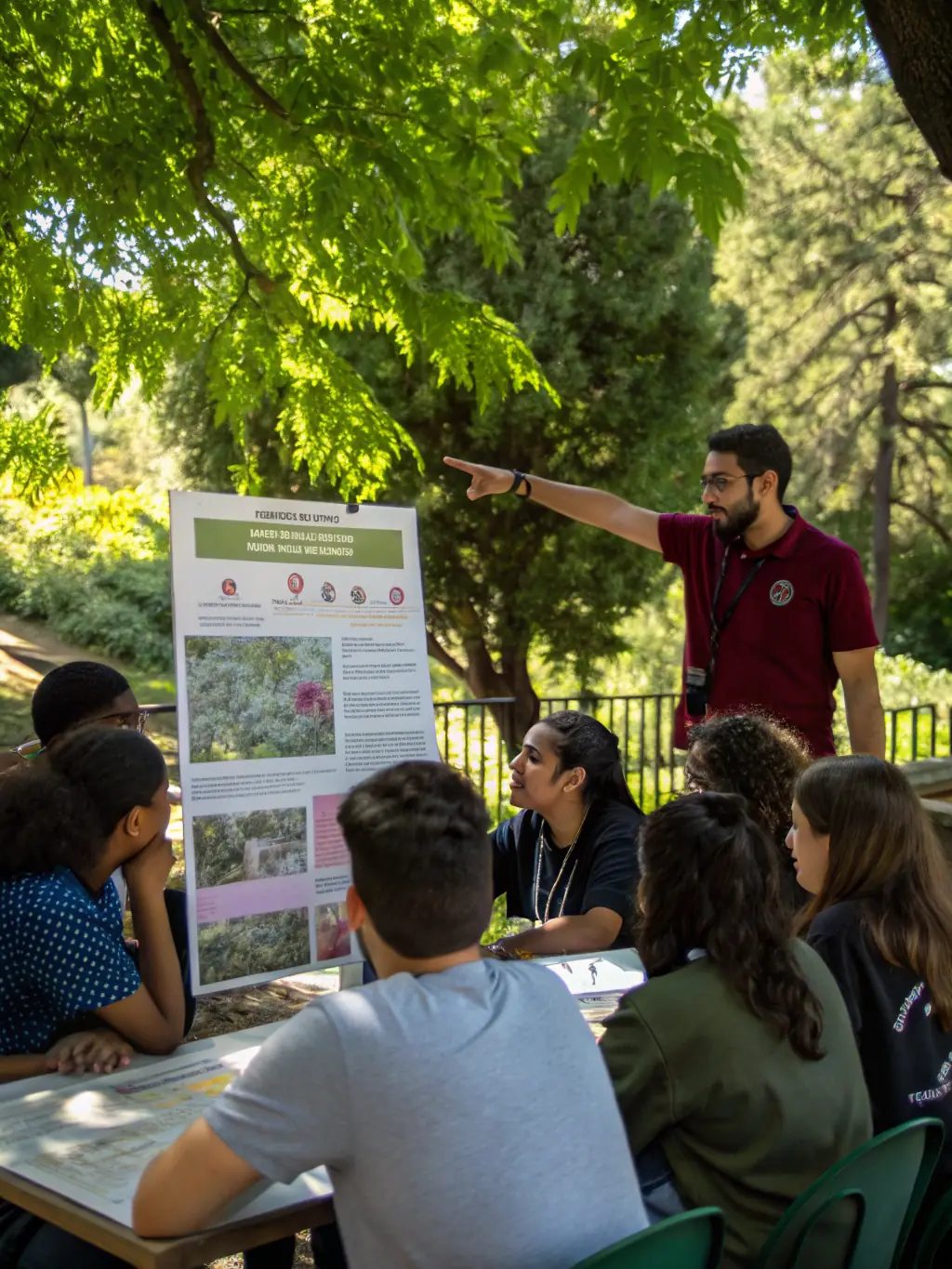 A photograph of a group of young people participating in an educational workshop organized by AMICALE DES CHASSEURS DE LA MIRANDE, learning about wildlife conservation.